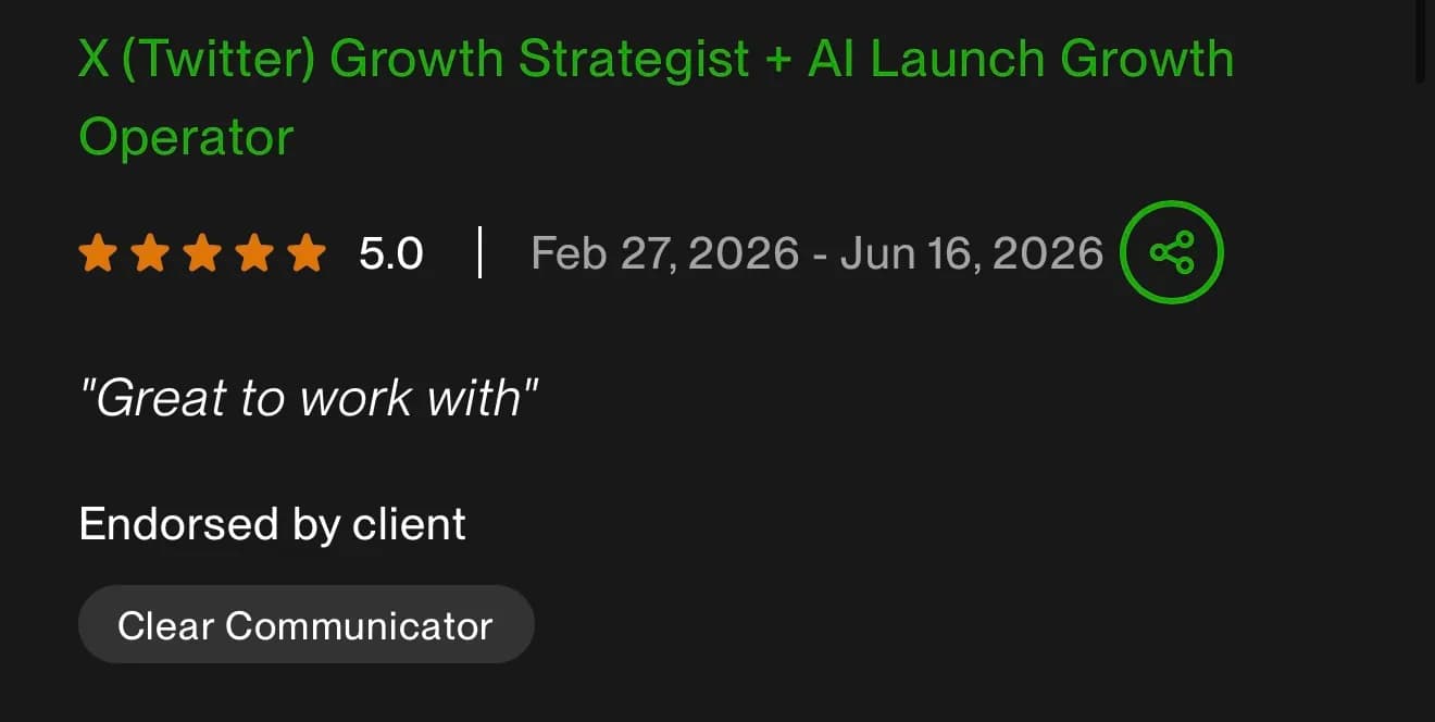 Client review from X (Twitter) Growth Strategist + AI Launch Growth Operator