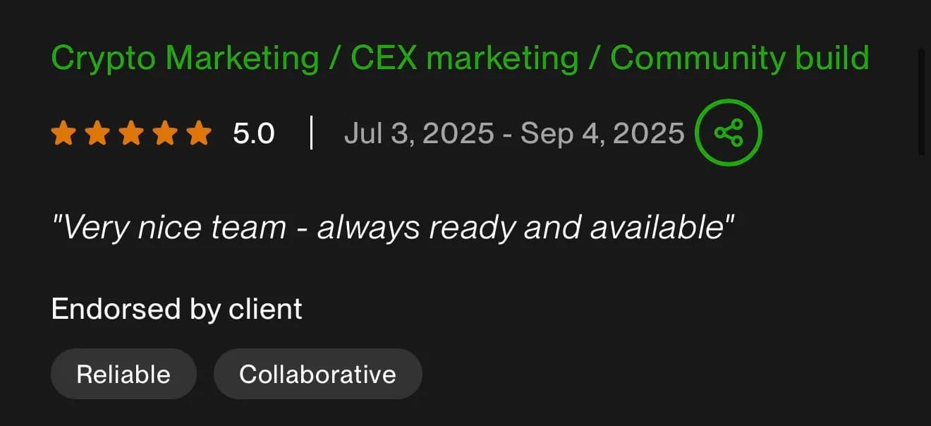 Client review from Crypto Marketing / CEX marketing / Community build