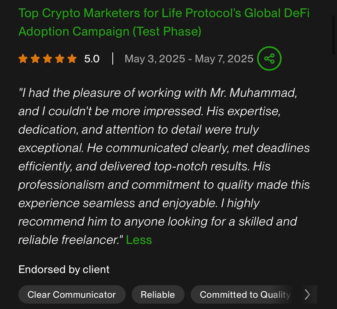 Client review from Top Crypto Marketers for Life Protocol's Global DeFi Adoption Campaign (Test Phase)