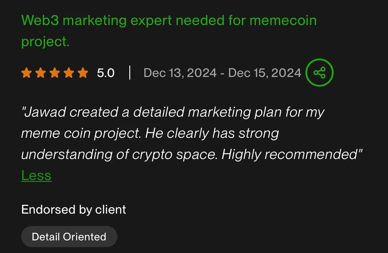 Client review from Web3 marketing expert needed for memecoin project.